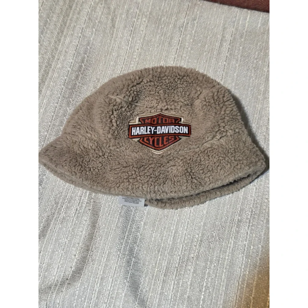 Harley-Davidson Kids Sherpa Fleece Bucket Hat Tan Logo 6-24M Biker Winter